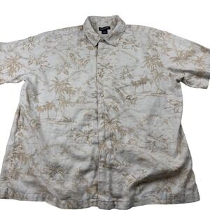 VTG 90's Lands' End Linen Camp Shirt‎ Tropical Palm Tree Print Button Up XL